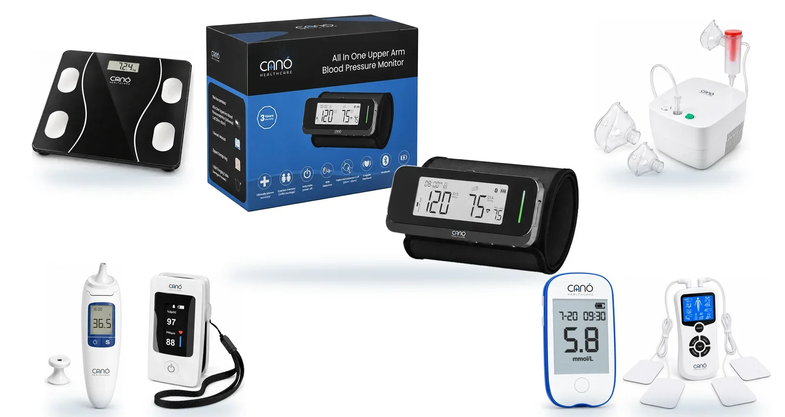 CANÓ Healthcare range featuring the All In One Upper Arm Blood Pressure Monitor