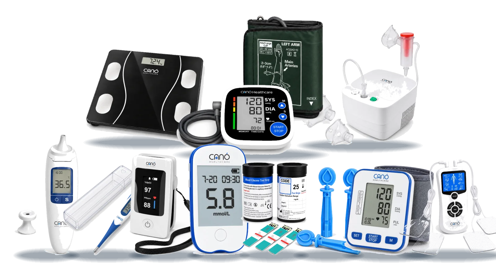 Canó Healthcare product range: blood pressure monitors, thermometers, oximeter, glucose meter, nebuliser, TENS machine and body analyser scale
